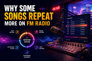 FM radio studio music playlist rotation system visualization