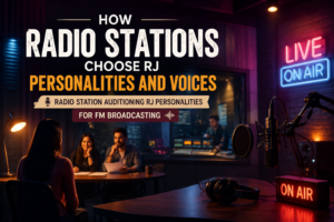 Radio station audition in neon glow