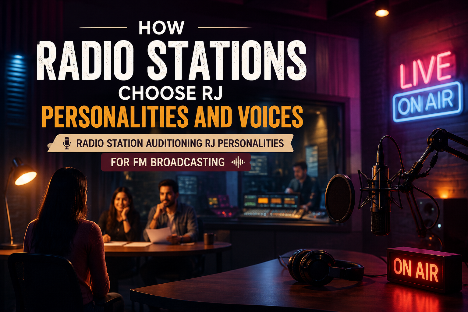 Radio station audition in neon glow